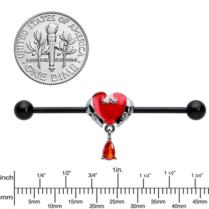 14G Red CZ Gem Black Duo Skull Heart Dangle Industrial Barbell 38mm