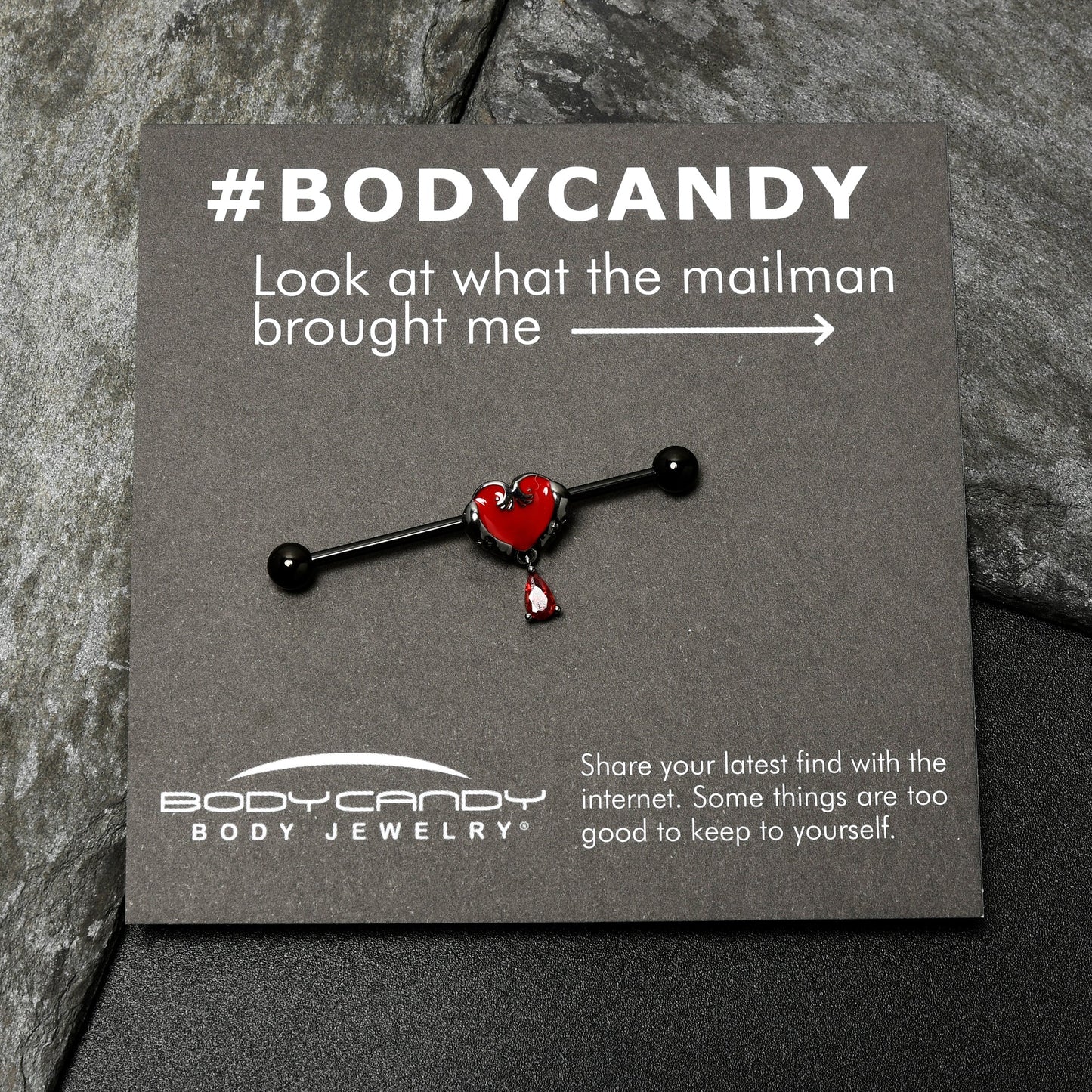 14G Red CZ Gem Black Duo Skull Heart Dangle Industrial Barbell 38mm