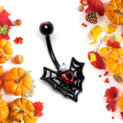 Red Gem Black Gothic Bat Heart Belly Ring