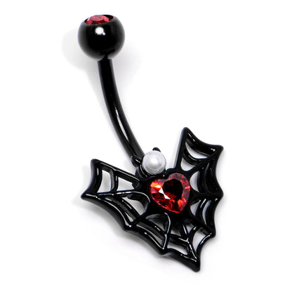 Red Gem Black Gothic Bat Heart Belly Ring