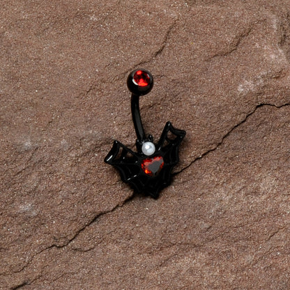 Red Gem Black Gothic Bat Heart Belly Ring
