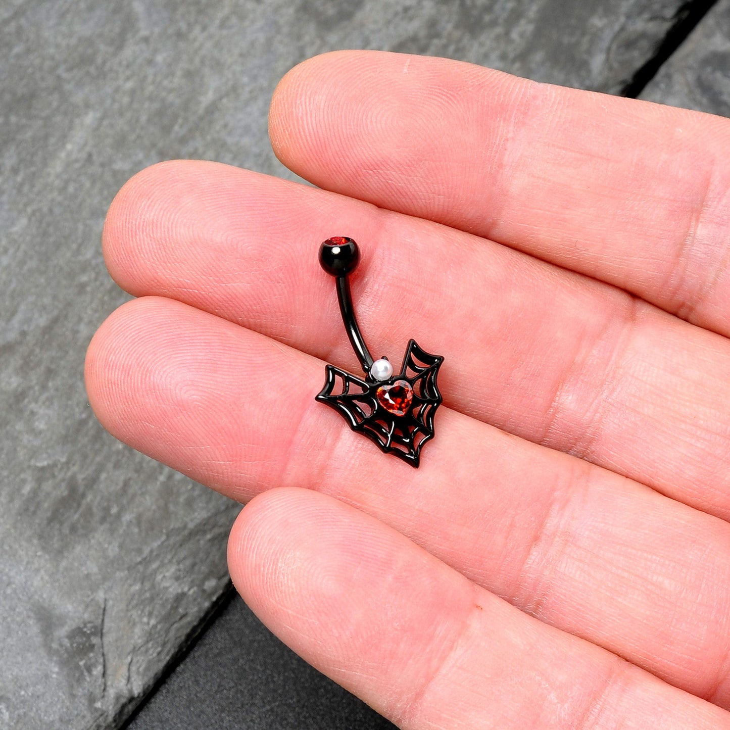 Red Gem Black Gothic Bat Heart Belly Ring