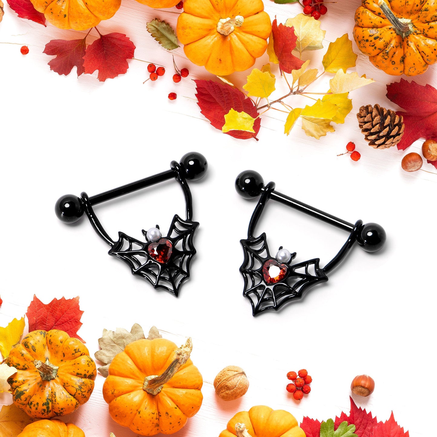 14G 11/16 Red Gem Black Gothic Bat Heart Nipple Shield Set