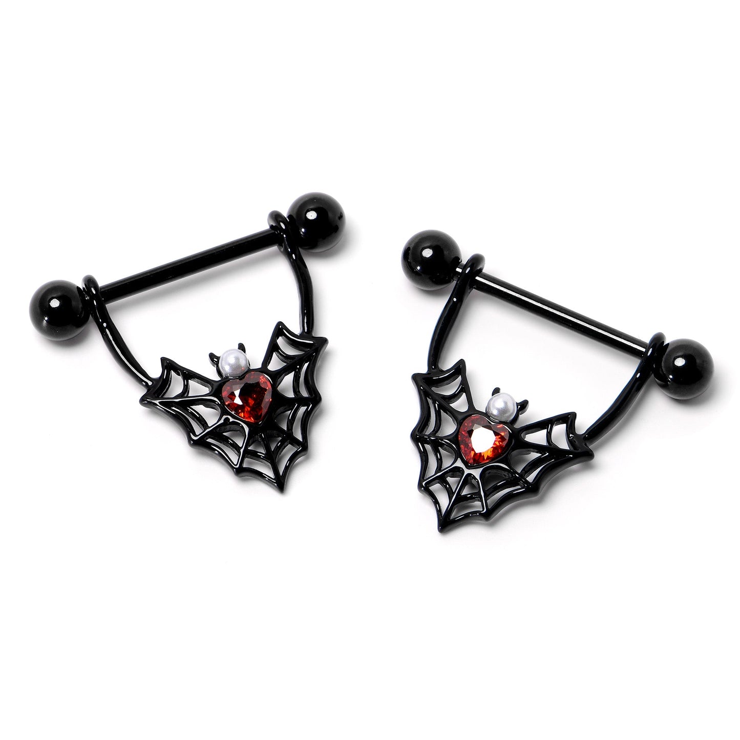 14G 11/16 Red Gem Black Gothic Bat Heart Nipple Shield Set