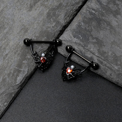 14G 11/16 Red Gem Black Gothic Bat Heart Nipple Shield Set