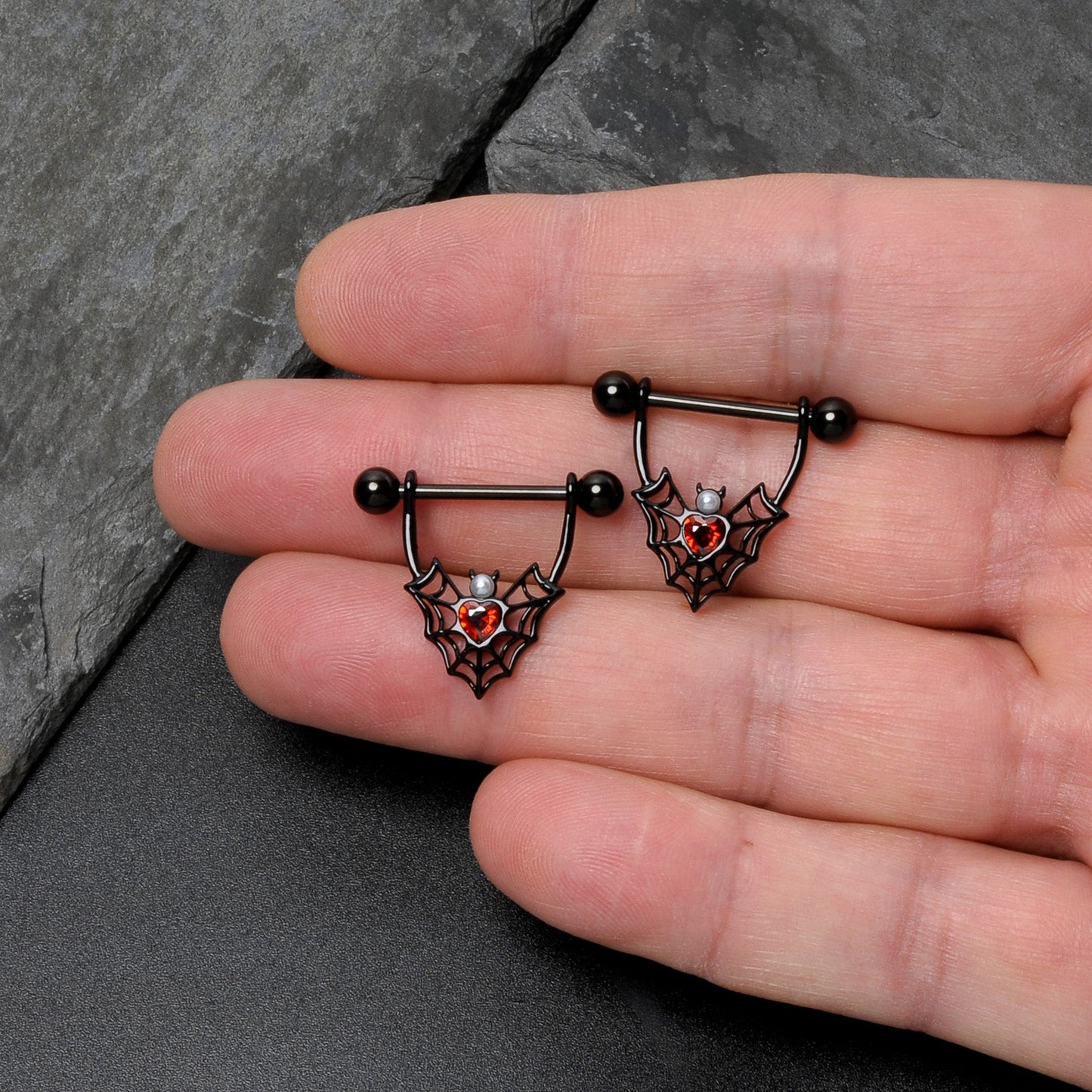 14G 11/16 Red Gem Black Gothic Bat Heart Nipple Shield Set