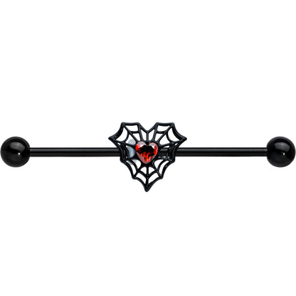 14G Red Gem Black Spider Heart Web Industrial Barbell 38mm