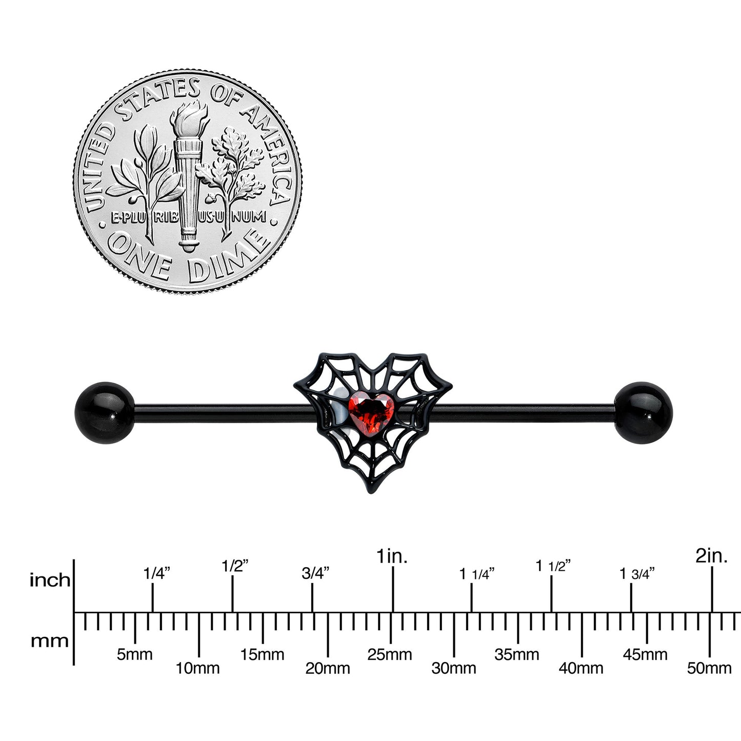 14G Red Gem Black Spider Heart Web Industrial Barbell 38mm