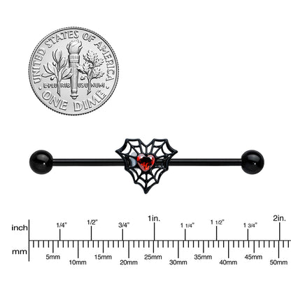 14G Red Gem Black Spider Heart Web Industrial Barbell 38mm