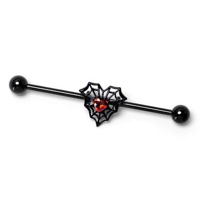 14G Red Gem Black Spider Heart Web Industrial Barbell 38mm