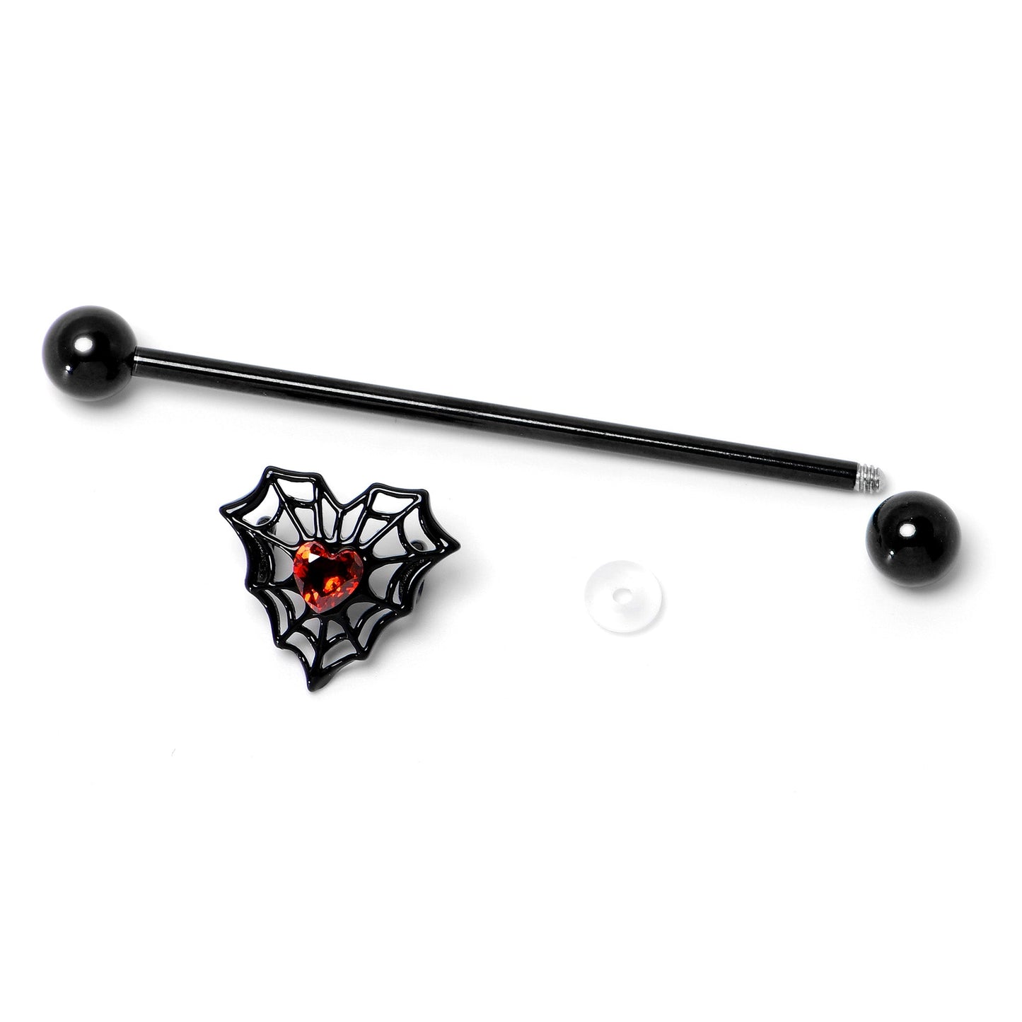 14G Red Gem Black Spider Heart Web Industrial Barbell 38mm