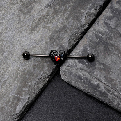 14G Red Gem Black Spider Heart Web Industrial Barbell 38mm