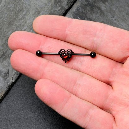 14G Red Gem Black Spider Heart Web Industrial Barbell 38mm