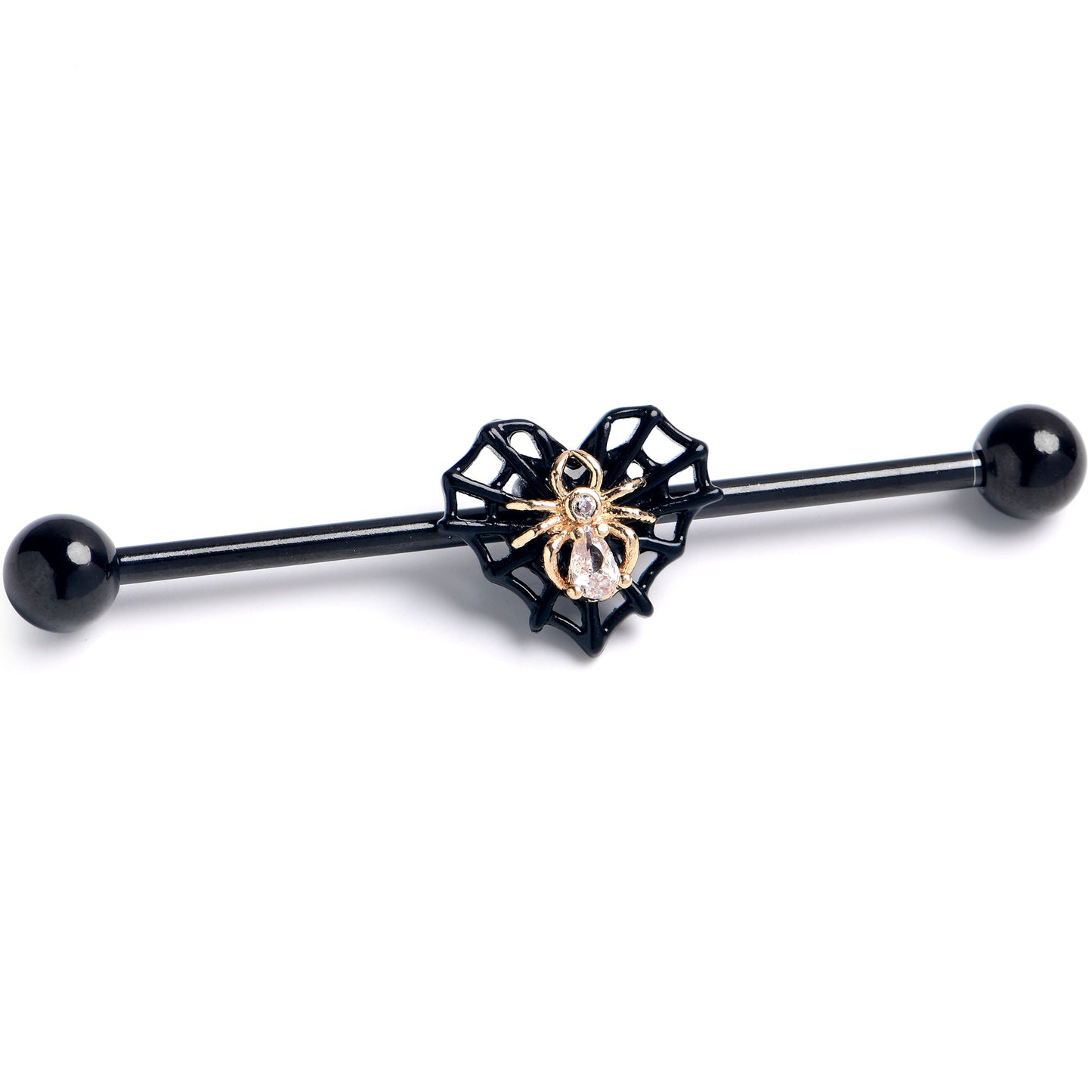 14G Clear Gem Black Golden Spider Web Heart Industrial Barbell 38mm