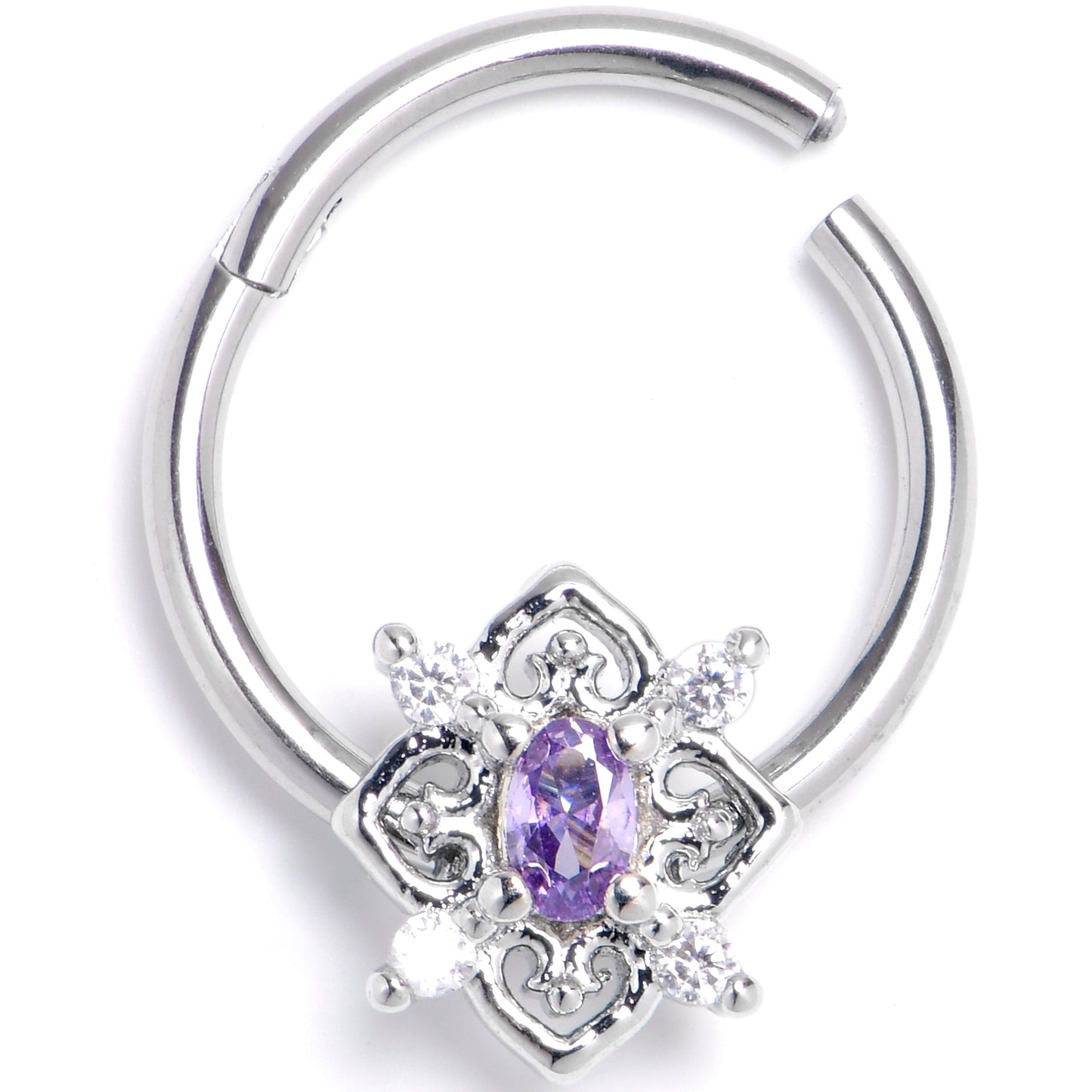 16G 3/8 Purple Clear Gem Lace Look Hearts Hinged Segment Ring