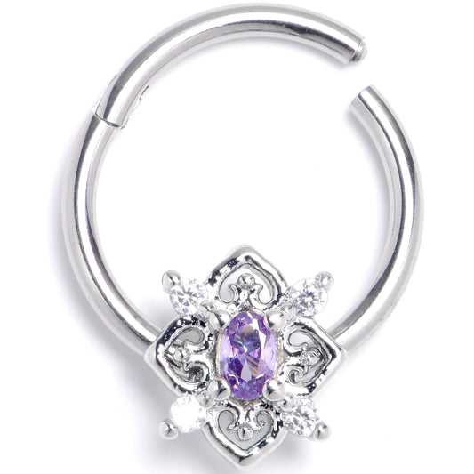 16G 3/8 Purple Clear Gem Lace Look Hearts Hinged Segment Ring