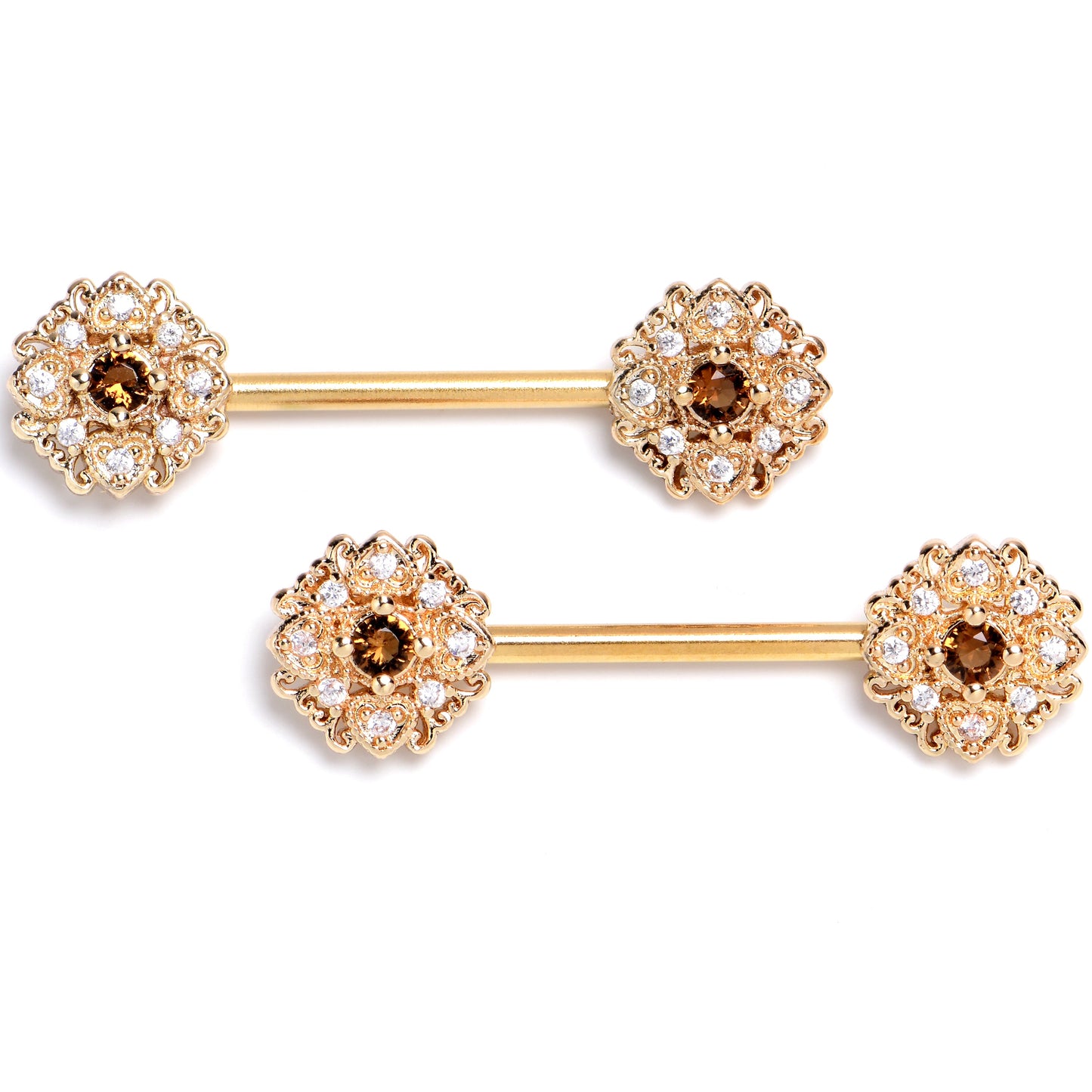 14G 9/16 Yellow Gem Gold Tone Luxe Heart Barbell Nipple Ring Set