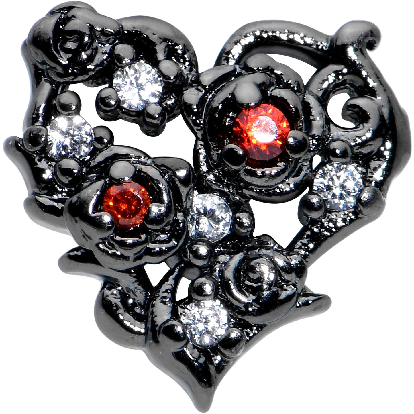 16G 1/4 Clear Red CZ Gem Black Floral Heart Cartilage Earring