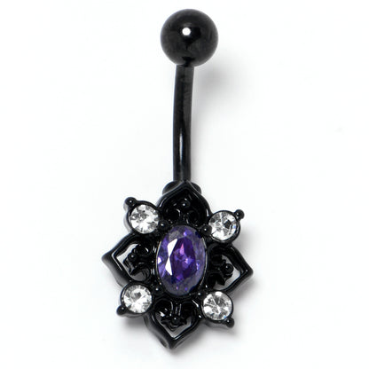 Purple Clear Gem Black Scrolling Hearts Belly Ring