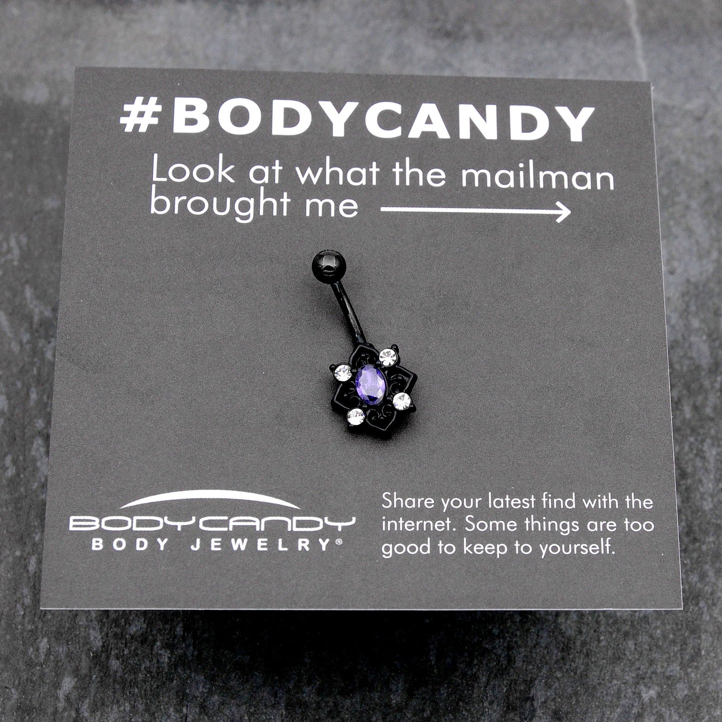 Purple Clear Gem Black Scrolling Hearts Belly Ring