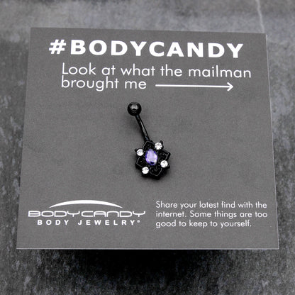 Purple Clear Gem Black Scrolling Hearts Belly Ring