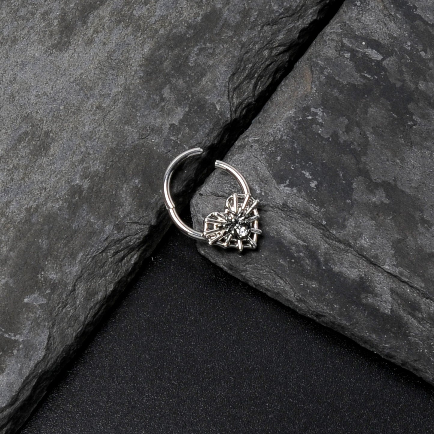 16G 3/8 Clear CZ Gem Heart of Spider Hinged Segment Ring