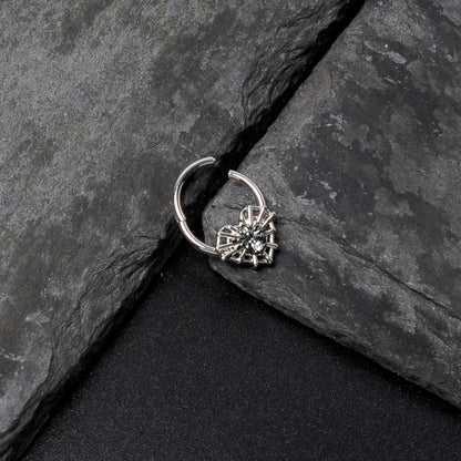 16G 3/8 Clear CZ Gem Heart of Spider Hinged Segment Ring