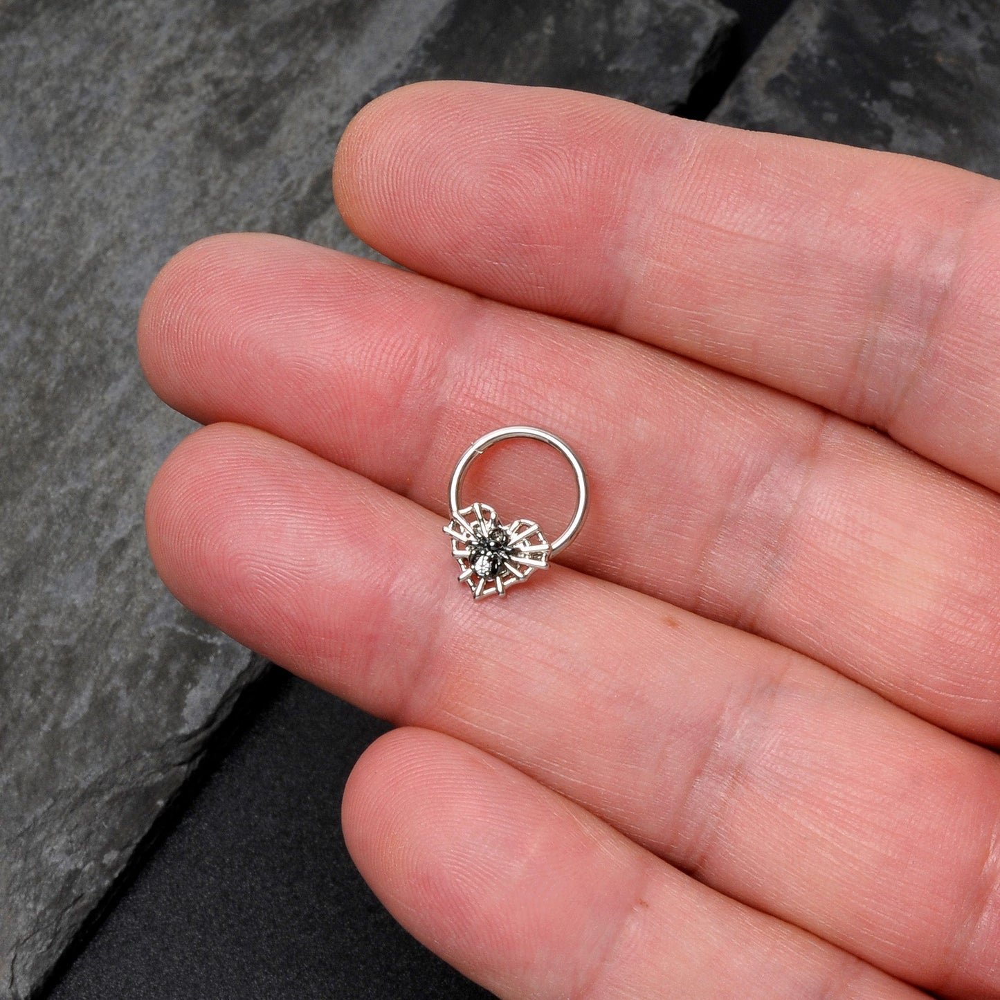 16G 3/8 Clear CZ Gem Heart of Spider Hinged Segment Ring