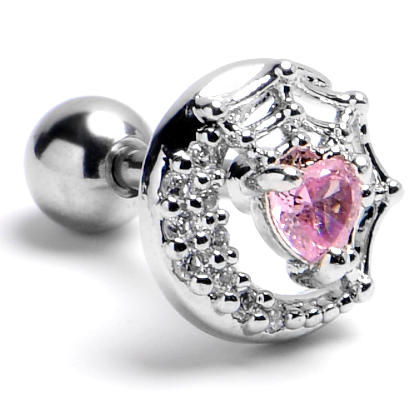 16G 1/4 Pink Gem Heart Moon Web Cartilage Tragus Earring