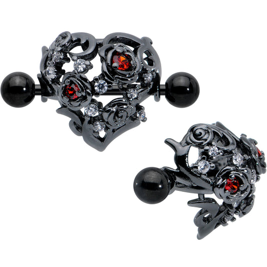 14G 9/16 Red Clear CZ Gem Black Floral Heart Nipple Shield Set