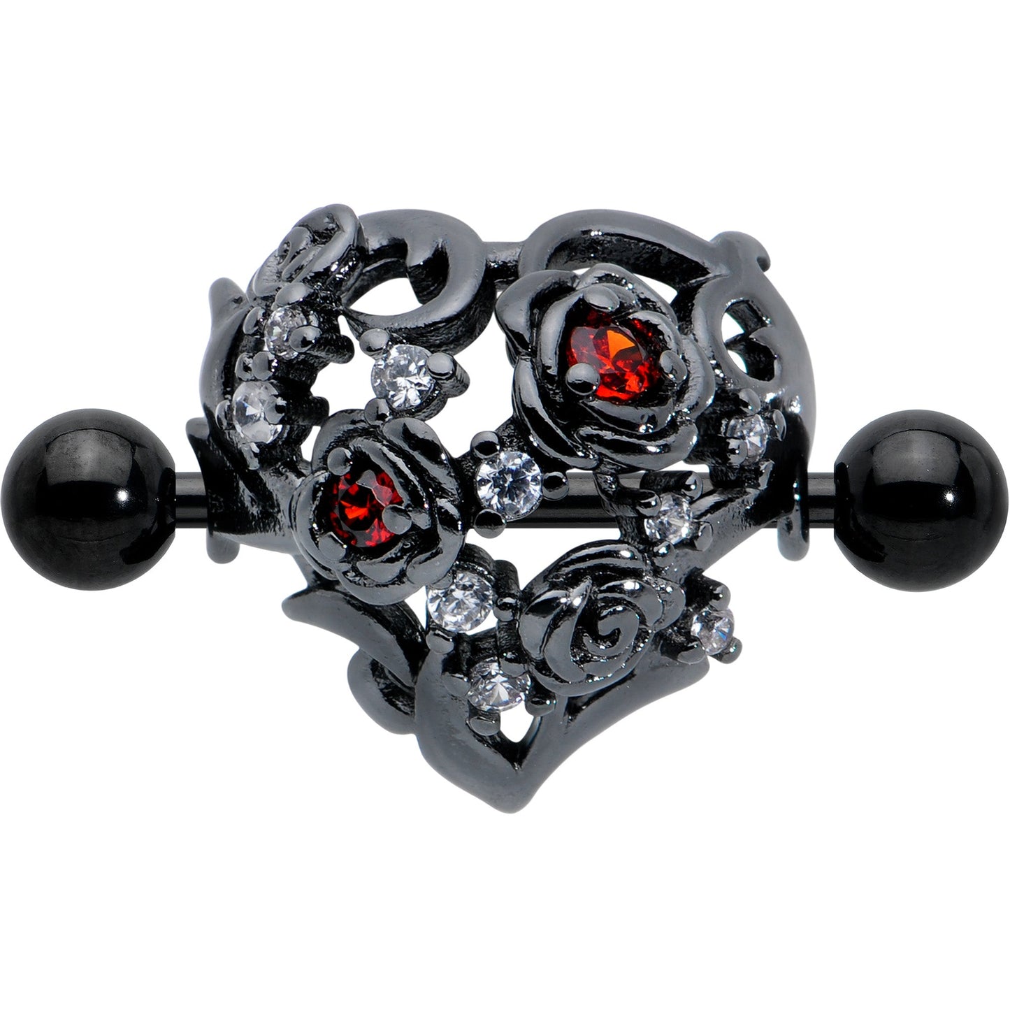 14G 9/16 Red Clear CZ Gem Black Floral Heart Nipple Shield Set