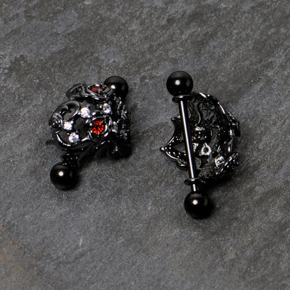 14G 9/16 Red Clear CZ Gem Black Floral Heart Nipple Shield Set