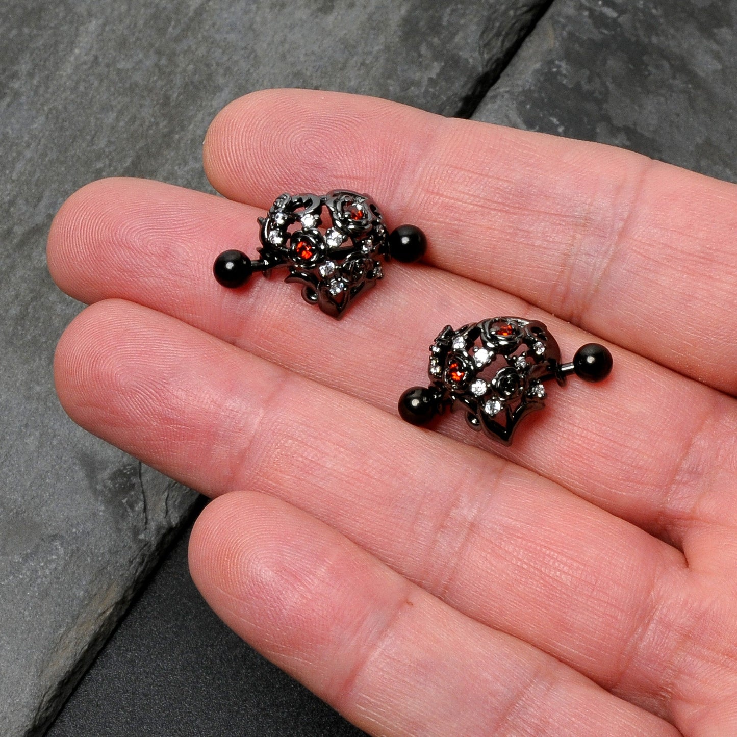 14G 9/16 Red Clear CZ Gem Black Floral Heart Nipple Shield Set