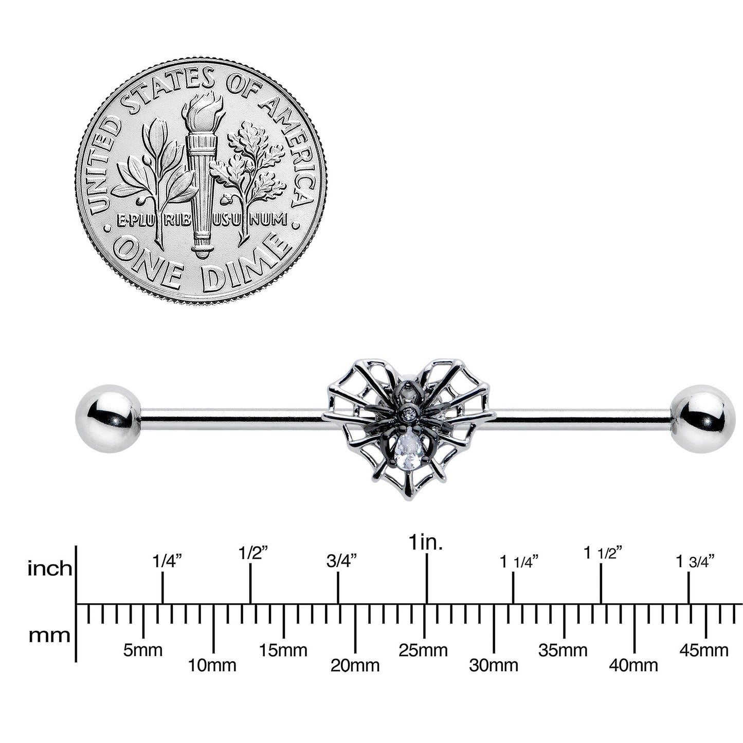 14G Clear CZ Gem Heart of Spider Industrial Barbell 38mm