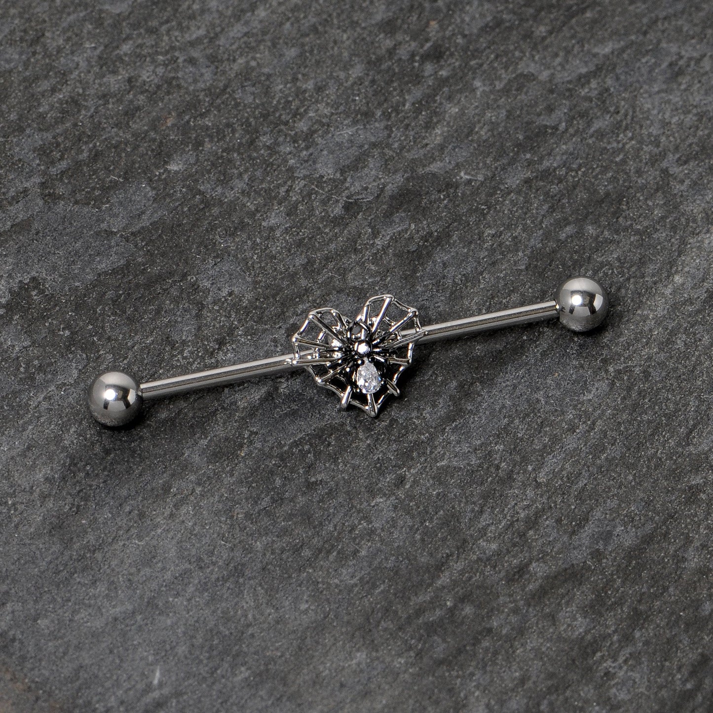 14G Clear CZ Gem Heart of Spider Industrial Barbell 38mm