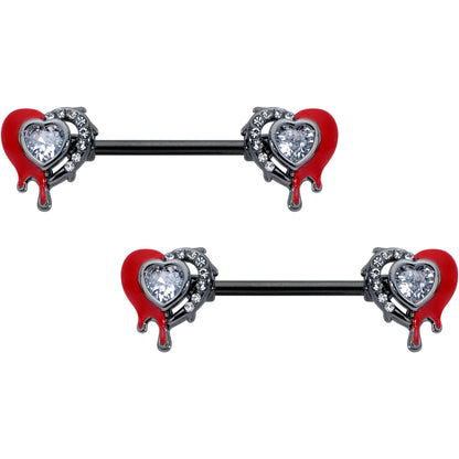 14G 9/16 Clear Gem Black Bleeding Heart Barbell Nipple Ring Set