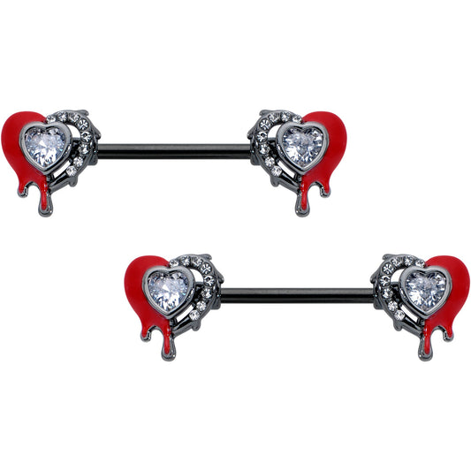 14G 9/16 Clear Gem Black Bleeding Heart Barbell Nipple Ring Set