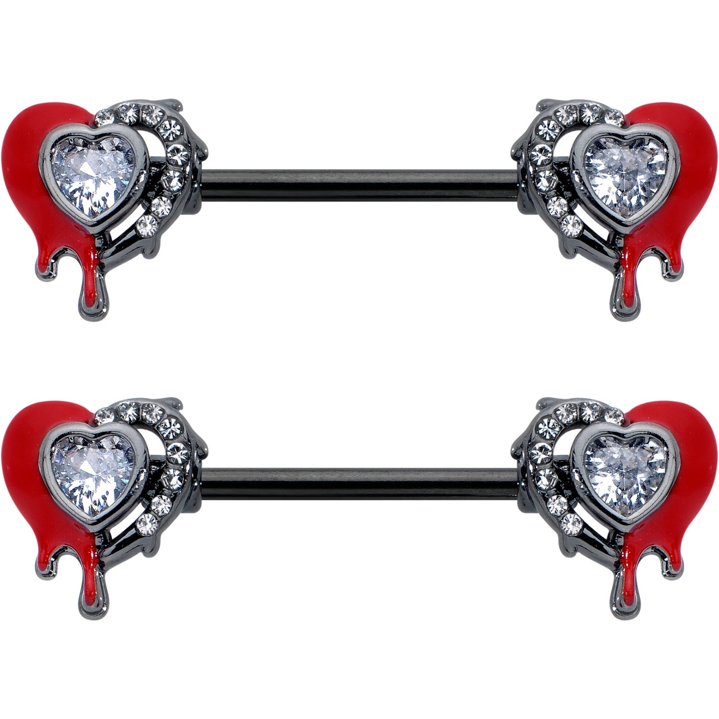 14G 9/16 Clear Gem Black Bleeding Heart Barbell Nipple Ring Set