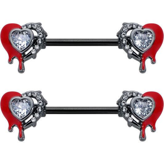 14G 9/16 Clear Gem Black Bleeding Heart Barbell Nipple Ring Set