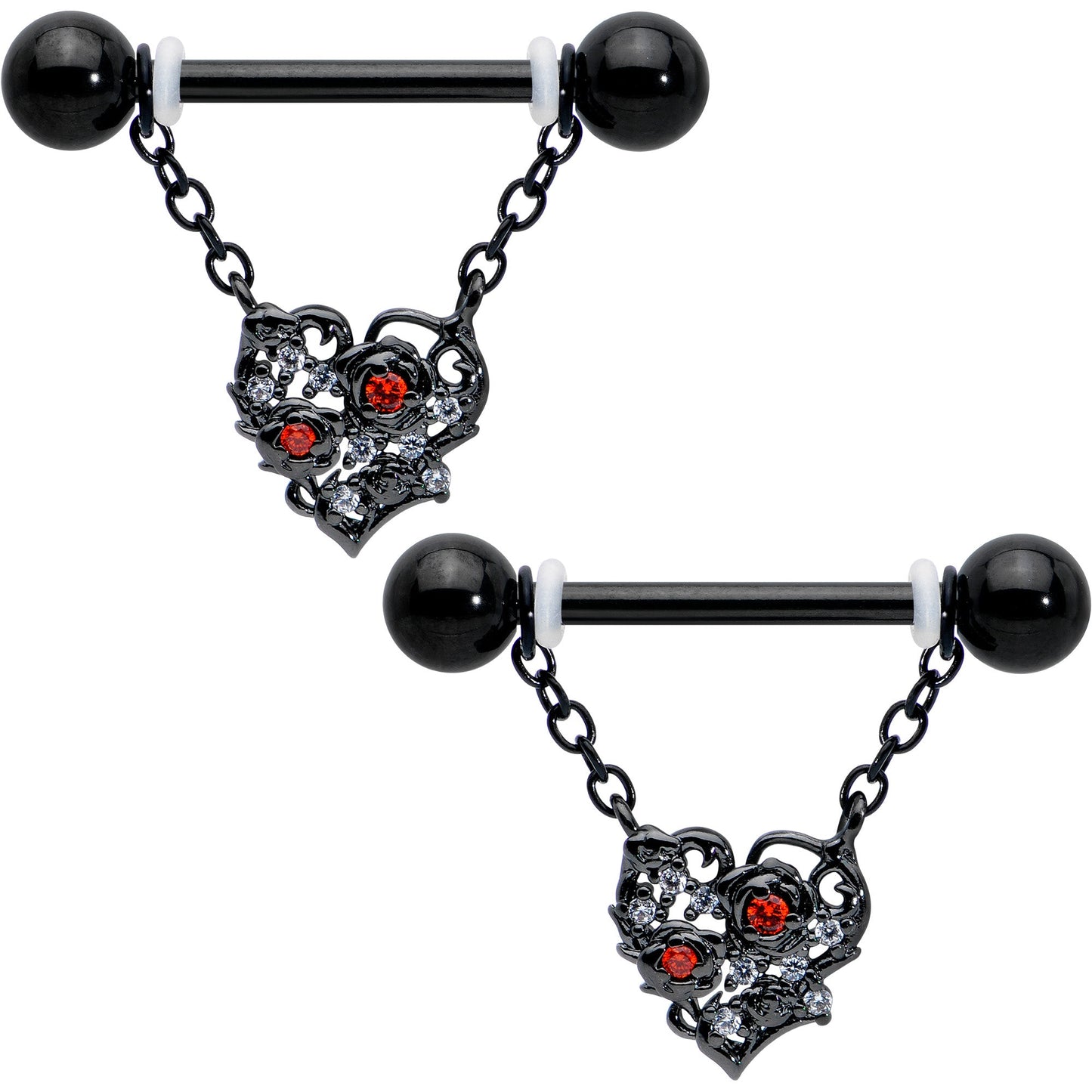 14G 9/16 Red CZ Gem Black Floral Heart Chain Dangle Nipple Ring Set
