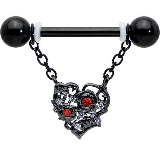 14G 9/16 Red CZ Gem Black Floral Heart Chain Dangle Nipple Ring Set
