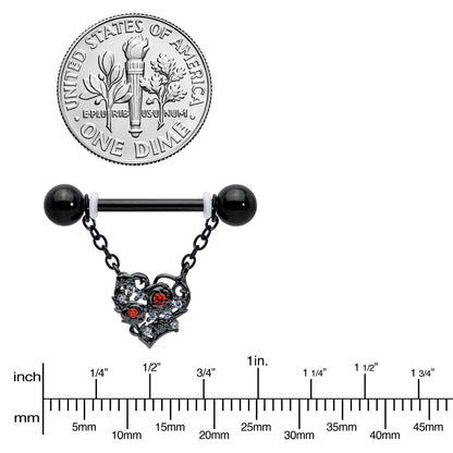 14G 9/16 Red CZ Gem Black Floral Heart Chain Dangle Nipple Ring Set