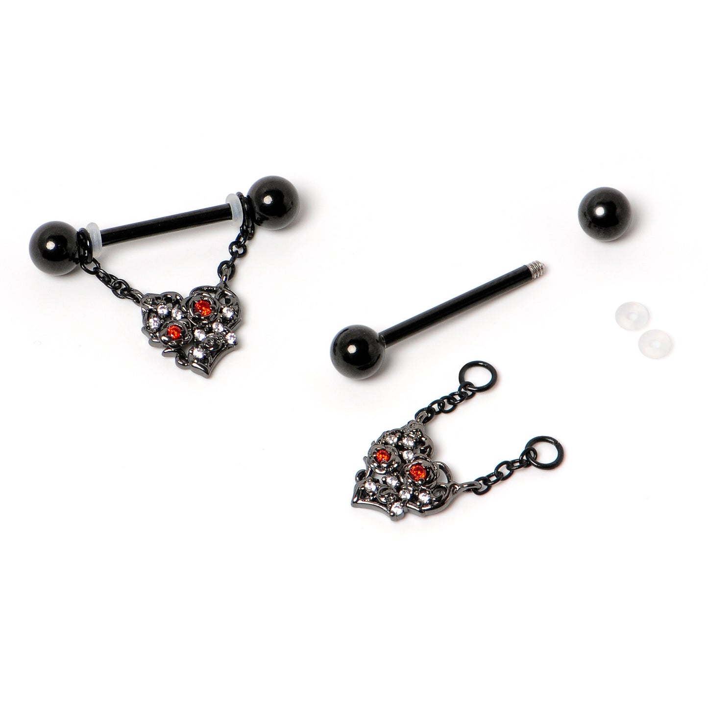 14G 9/16 Red CZ Gem Black Floral Heart Chain Dangle Nipple Ring Set