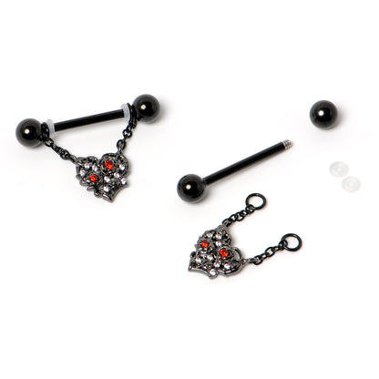 14G 9/16 Red CZ Gem Black Floral Heart Chain Dangle Nipple Ring Set