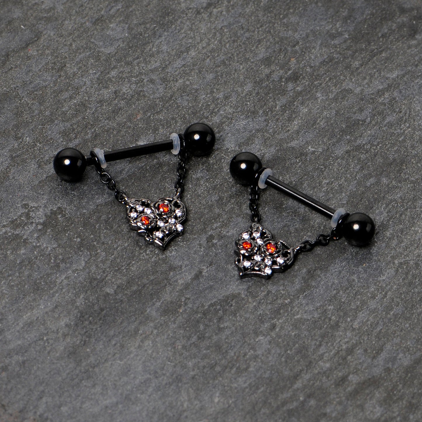 14G 9/16 Red CZ Gem Black Floral Heart Chain Dangle Nipple Ring Set