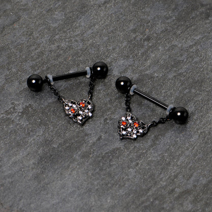 14G 9/16 Red CZ Gem Black Floral Heart Chain Dangle Nipple Ring Set