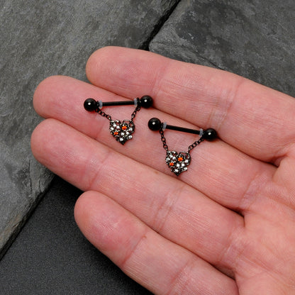 14G 9/16 Red CZ Gem Black Floral Heart Chain Dangle Nipple Ring Set