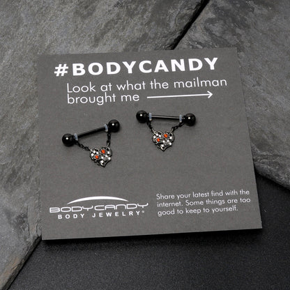 14G 9/16 Red CZ Gem Black Floral Heart Chain Dangle Nipple Ring Set