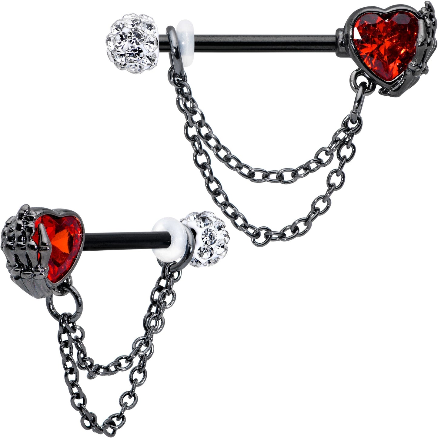 14G 9/16 Red CZ Gem Black Heart Hand Chain Dangle Nipple Ring Set