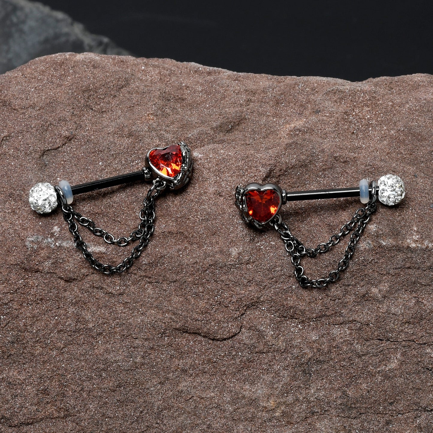 14G 9/16 Red CZ Gem Black Heart Hand Chain Dangle Nipple Ring Set